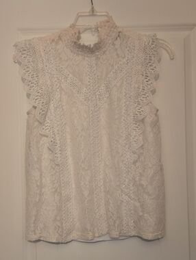 Cable & Gauge Lace Ruffle High-Neck Sleeveless Top - Ivory